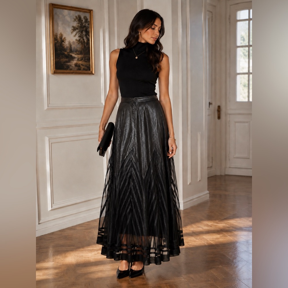 Black Metallic Maxi Skirt Sheer Overlay